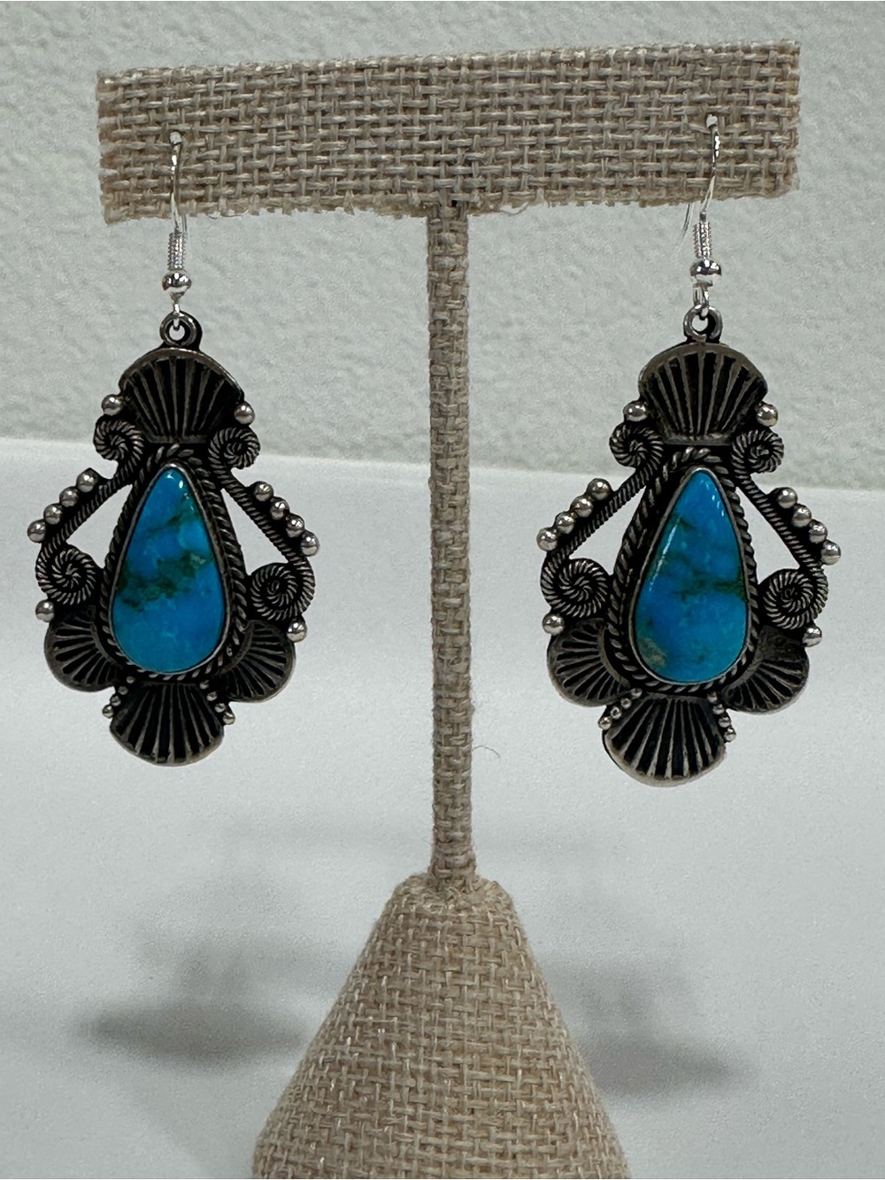 Navajo Made-Turquoise and Ornate Sterling Silver Earings